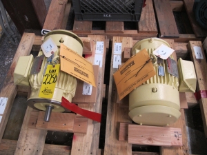 LOT (2) MOTORS, ELECTRIC TYPE, 3141E 5HP HORSEPOWER, 460VAC 3 PHASE 60HZ ELEC RATING, 1730 RPM, 184TC FRAME, 7 AMPS, TEFC-XT ENCLOSURE, CONTINUOUS DUTY, 1.0 SERVICE FACTOR, 1-1/8" DIA SHAFT. FACE MOUNT, WITH SLOT KEY INSULATION CLASS 'H' TYPE 'RH' 50C MAX AMBIENT TEMPERATURE, NEMA DESIGN "B" NEMA LOCKED ROTOR CODE "H", FACE MOUNTED, PART # 1YF883203 (W-44) LOADING & HANDLING FEE $15-